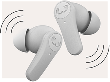 Charger l&#39;image dans la galerie, Paire d&#39;écouteurs blancs avec un logo de marque. Des ondes sonores l&#39;entourent. Fond blanc.
