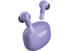 Charger l&#39;image dans la galerie, Écouteurs sans fil violets et étui. Logo blanc sur l&#39;étui. Fond noir.

