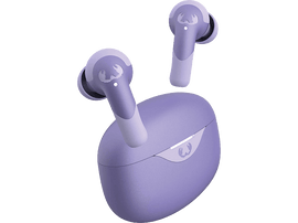 Écouteurs sans fil violets et étui. Logo blanc sur l