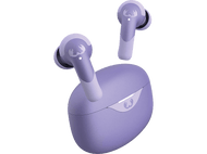 Écouteurs sans fil violets et étui. Logo blanc sur l'étui. Fond noir.