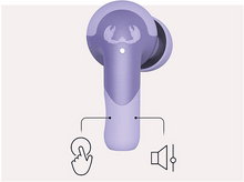 Charger l&#39;image dans la galerie, Écouteurs violets. Un écouteur montre le contrôle tactile et l&#39;autre le haut-parleur.
