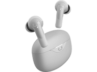 Écouteurs sans fil blancs dans un étui de chargement sur fond noir.