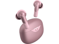 Écouteurs sans fil roses et étui de chargement sur fond noir. Les écouteurs flottent.