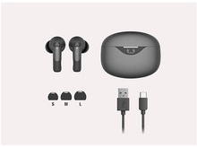 Charger l'image dans la galerie, Écouteurs, étui de chargement et accessoires sur fond clair. Embouts et câbles de différentes tailles.
