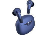 Écouteurs sans fil bleus et étui de chargement sur fond noir, logo blanc.