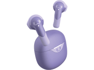 Écouteurs sans fil violets et étui de chargement sur fond noir.