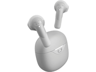 Écouteurs blancs et étui de chargement sur fond noir. Les écouteurs sont sans fil.