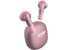 Charger l'image dans la galerie, Écouteurs sans fil roses et étui de chargement sur fond noir. Les écouteurs sont dans l'étui.
