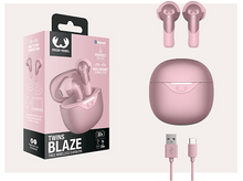 Charger l'image dans la galerie, Écouteurs roses et étui de chargement dans une boîte. La boîte contient du texte et des images. Les câbles sont en bas.
