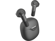 Charger l&#39;image dans la galerie, Écouteurs et étui de chargement noirs. Logo blanc sur l&#39;étui. Fond sombre.
