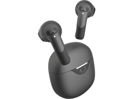 Écouteurs et étui de chargement noirs. Logo blanc sur l