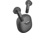 Écouteurs et étui de chargement noirs. Logo blanc sur l'étui. Fond sombre.