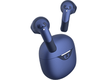 Charger l'image dans la galerie, Écouteurs sans fil bleus et étui de chargement sur fond noir. Écouteurs visibles.
