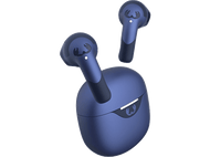 Écouteurs sans fil bleus et étui de chargement sur fond noir. Écouteurs visibles.