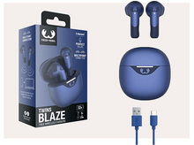 Charger l'image dans la galerie, Écouteurs bleus, étui et câbles. Boîte avec image d'écouteurs et texte : Twins Blaze.
