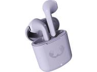 Écouteurs et étui violets. L'étui est ouvert. 'FRESH REBEL' est écrit sur un écouteur.