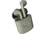 Écouteurs Fresh Rebel verts dans un étui de chargement assorti. L'étui porte un logo.