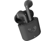 Écouteurs sans fil noirs dans un étui de chargement sur fond noir. Logo Fresh Rebel visible.