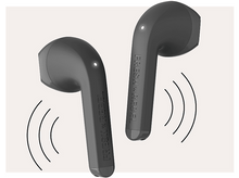 Charger l'image dans la galerie, Deux écouteurs sans fil gris avec l'inscription FRESH 'N REBEL. Des lignes noires suggèrent des ondes sonores.
