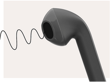 Charger l'image dans la galerie, Écouteur sans fil noir, avec un haut-parleur en mesh et une illustration d'ondes sonores, sur fond blanc.
