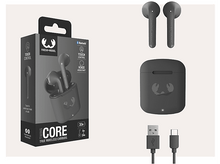 Charger l'image dans la galerie, Écouteurs noirs, étui de chargement, boîte avec image d'écouteurs, câbles.
