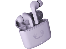 Charger l'image dans la galerie, Écouteurs sans fil lilas avec étui de chargement ouvert, sur fond noir.
