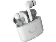 Écouteurs sans fil blancs dans étui de chargement blanc. Fond noir.