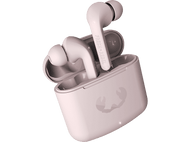 Écouteurs roses dans un étui de chargement, sur fond noir.