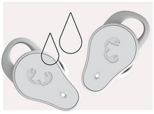 Charger l&#39;image dans la galerie, Deux écouteurs blancs avec logo crabe et gouttes d&#39;eau, sur fond clair.

