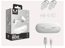 Charger l&#39;image dans la galerie, Écouteurs blancs, étui et accessoires sur une surface blanche. La boîte montre les écouteurs et le texte : Twins Move.
