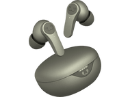 Écouteurs sans fil vert olive et un étui de chargement. L'étui a des voyants lumineux.