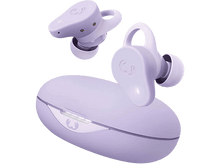 Charger l'image dans la galerie, Écouteurs violets et étui de chargement. Les écouteurs sont en dehors de l'étui. Fond noir.
