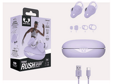 Charger l'image dans la galerie, Boîte avec écouteurs, étui et accessoires. Tous les articles sont de couleur violette.
