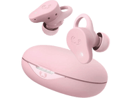 Écouteurs roses et étui de chargement. Les écouteurs sont dans et hors de l'étui. Logo de la marque sur les deux.