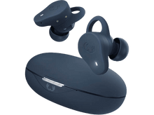 Charger l'image dans la galerie, Écouteurs sans fil bleu marine avec étui de chargement, isolés sur fond noir. Un écouteur est dans l'étui.

