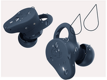 Charger l'image dans la galerie, Deux écouteurs bleus avec des gouttelettes d'eau et deux graphiques de gouttes.
