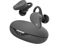 Écouteurs sans fil gris foncé et étui de chargement sur fond noir. Un écouteur hors de l'étui.