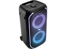 Charger l&#39;image dans la galerie, Haut-parleur noir avec deux cercles lumineux. Poignée supérieure et boutons de commande visibles. Le fond est noir.
