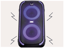 Charger l&#39;image dans la galerie, Haut-parleur noir avec lumières violettes, éclairs à proximité.
