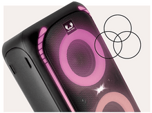 Charger l&#39;image dans la galerie, Un haut-parleur noir avec un éclairage rose et blanc. Trois cercles qui se chevauchent sont esquissés à droite.
