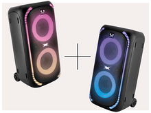 Charger l&#39;image dans la galerie, Deux enceintes noires avec lumières colorées, signe plus au milieu, fond blanc.
