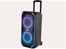 Charger l&#39;image dans la galerie, Haut-parleur noir sur roues avec des lumières colorées. Il a une poignée pour la portabilité.

