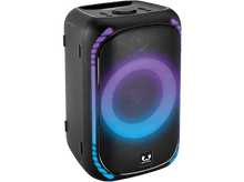 Charger l&#39;image dans la galerie, Un haut-parleur noir avec un anneau lumineux de lumière violette et bleue.
