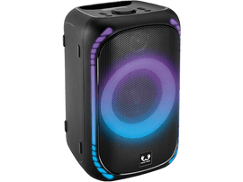 Un haut-parleur noir avec un anneau lumineux de lumière violette et bleue.