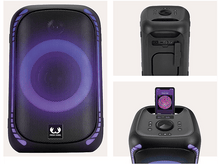 Charger l&#39;image dans la galerie, Haut-parleur noir avec lumières violettes et un téléphone, trois vues, sur fond blanc, présentant le design.
