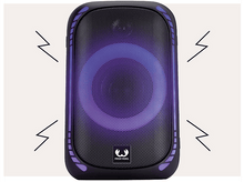 Charger l&#39;image dans la galerie, Haut-parleur noir avec un anneau violet brillant et des éclairs autour.
