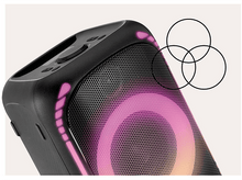 Charger l&#39;image dans la galerie, Enceinte noire avec effets lumineux et trois cercles superposés.
