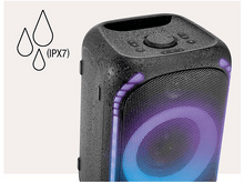 Charger l&#39;image dans la galerie, Haut-parleur noir avec gouttes d&#39;eau, IPX7. Lumières bleues et violettes. Façade en maille.
