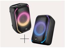 Charger l&#39;image dans la galerie, Deux enceintes noires avec des lumières colorées sur un fond clair.
