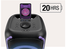 Charger l&#39;image dans la galerie, Haut-parleur noir avec un téléphone affichant de la musique. 20 HRS d&#39;autonomie.
